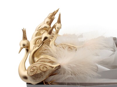 6 blown gold glass feather swan Christmas tree ornaments Czech