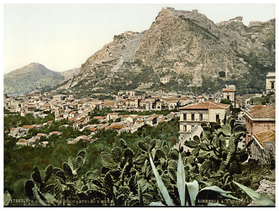 Sicily, Taormina col Castello e Mola Vintage photochrome, photochromes, wine