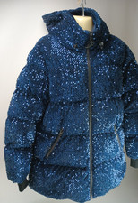 Mackage Women's Emerie Hooded Down Puff Sequined Jacket Navy Blue Size Large