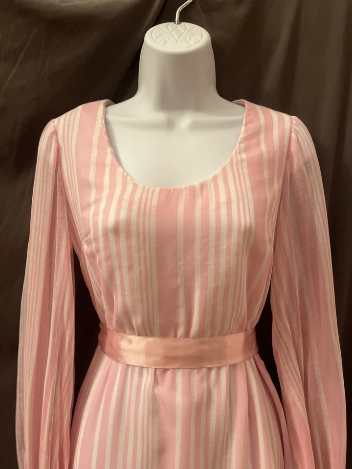 VTG Pink White Striped Cotton Victorian Edwardian Prairie Prom Maxi Dress SZ M - Image 2 of 4