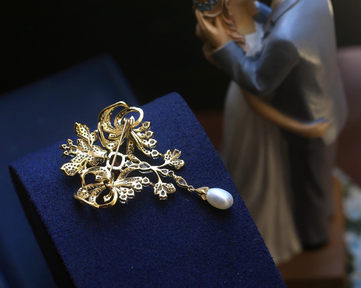 Broche & Pendentif Floral Bleu Avec Perle Blanche - Style Belle Epoque Rhodié - Neuf Sans Emballage