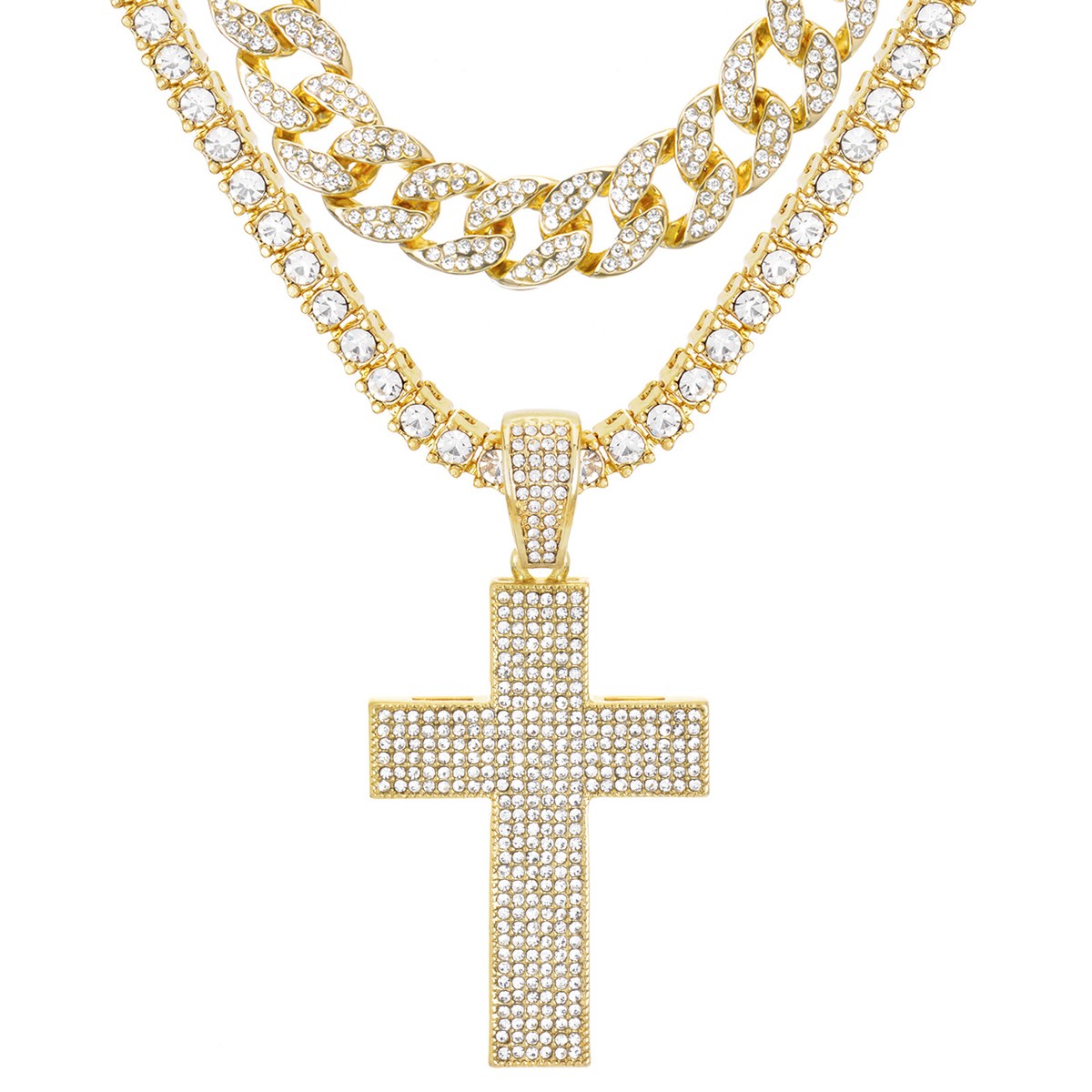 Rapper Cross Pendant with Tennis and Stone Cuban Chain Necklace