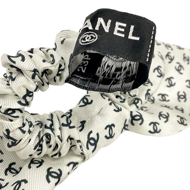 CHANEL Authentic White Black Coco Mark Ribbon Scrunchie Hair