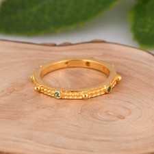 Handmade Textured 18k Gold Plated Engagement Ring With Natural Round Cut Emerald