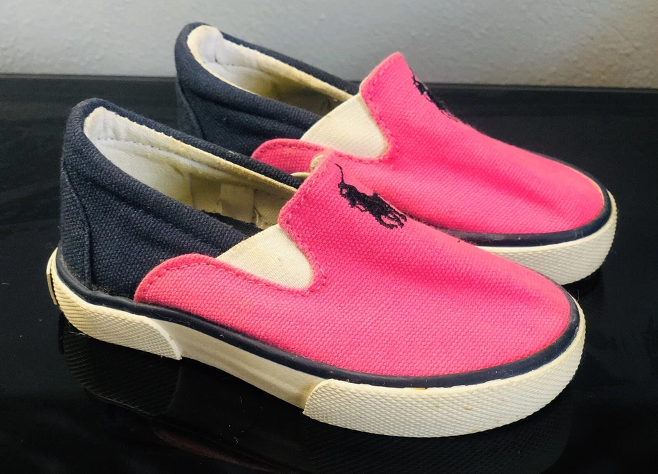 Zapatos Polo Ralph Lauren Azul Marino Rosa Logo Sin Cordones de Lona Niñas Pequeñas Talla 5 Foto 2 de 4