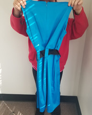 BLUE 37" LONG DRESS WITH BLACK BUCKLE BELT, SIZE 4, 33 in BELT, ZIPPER, CLEAN