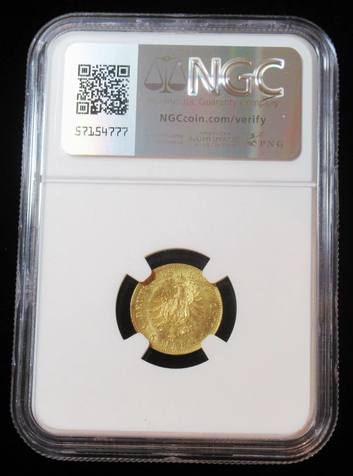 Estados alemanes Sajonia Alberto oro 5 marcos 1877-E MS66 NGC, Dresde como nuevo Foto 4 de 4