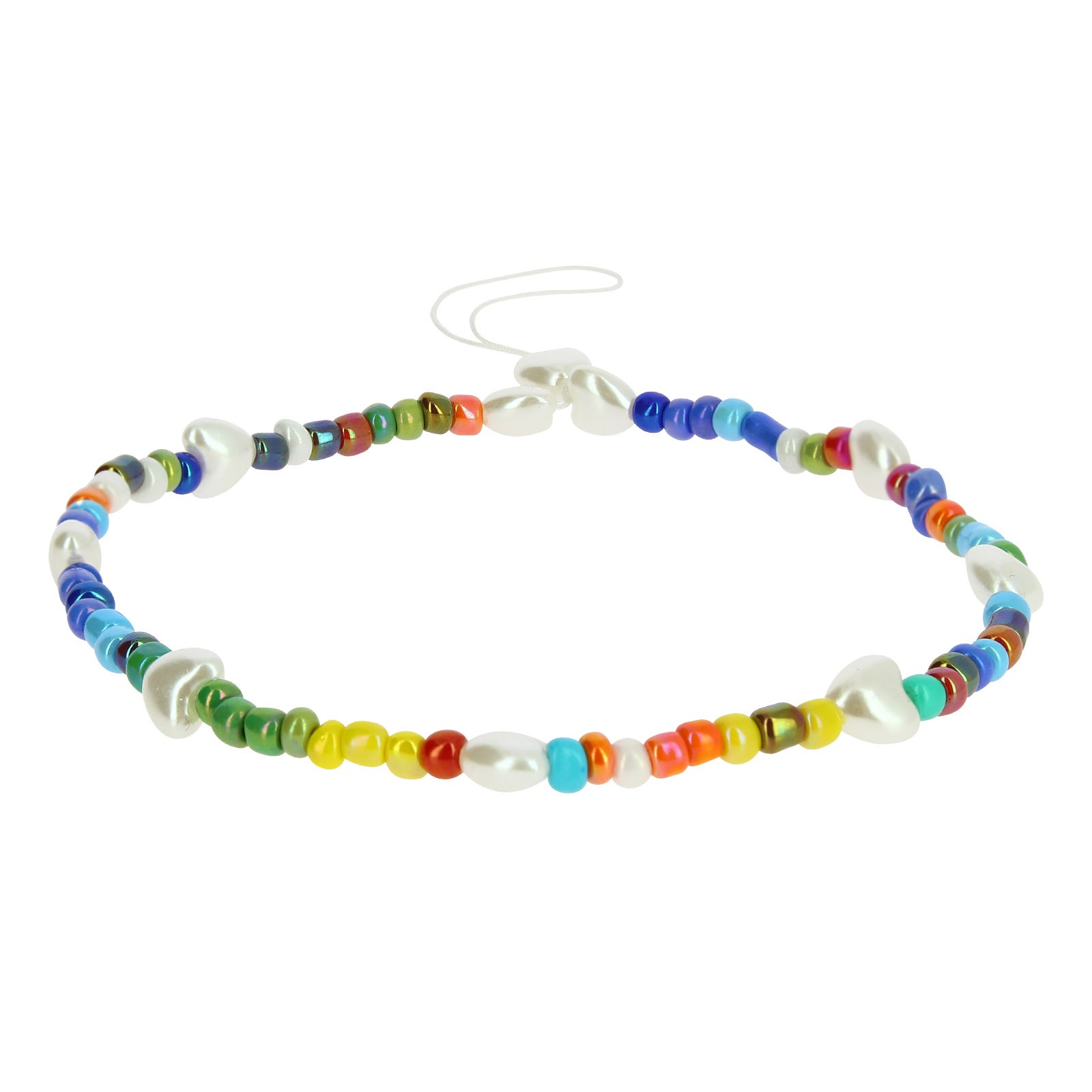 Bijou de téléphone en perles multicolores et cœurs blancs pour smartphone d'été