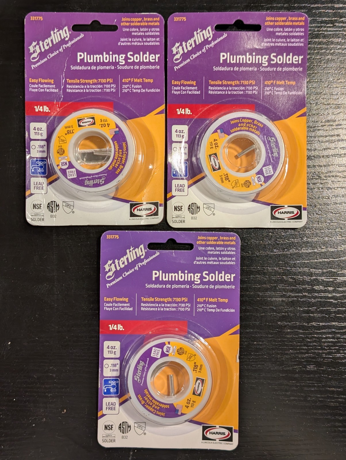 Sterling Plumbing Solder 1/4 lb. 4oz 113g .118" 3mm Lead Free - Lot Of 3