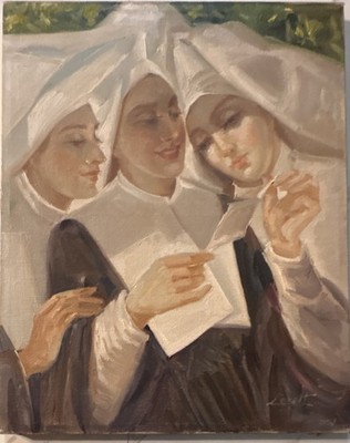 Vintage OOAK Original Oil Painting Three Nuns Religious Catholic Fine Art 