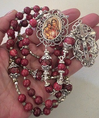 Catholic 5 Decade FULL ROSARY BEADS Blessed Mary DEVOTIONAL. RED JASPER  SILVER