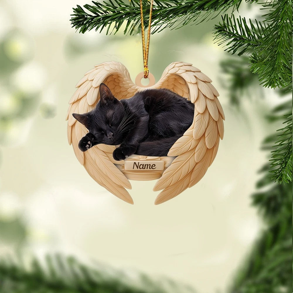 Personalized Sleeping Black Cat Christmas Ornament, Cat Angel Wings