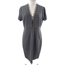 NWT Elie Tahari Saylah sheath dress deep, scalloped V-neckline gray sz 12