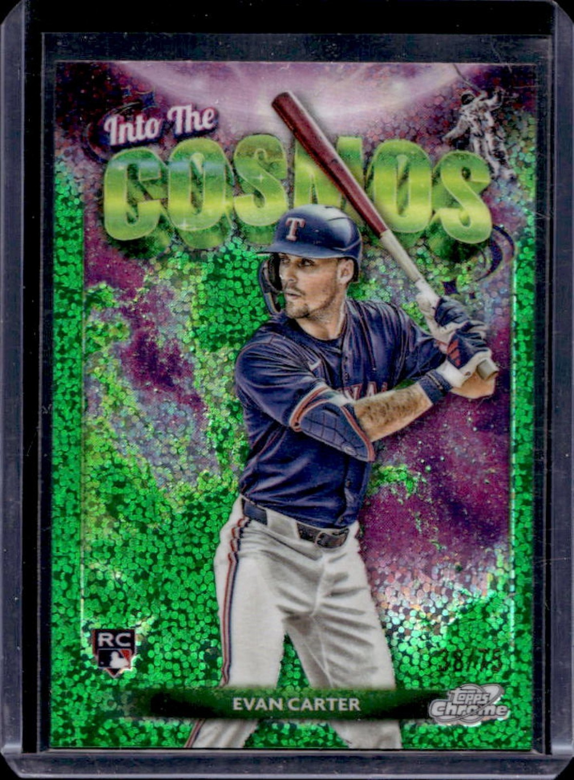 2024 Topps Cosmic Chrome Evan Carter Into the Cosmos RC Green Refractor #38/75