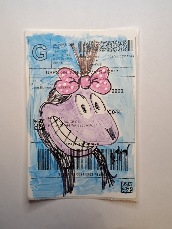 Purple green acrylic & ink "Cartoon doodle" 6X4" Sticker 1/1 signed by artist