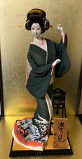 Bambola giapponese vintage kimono geisha Maiko Ningyo in piedi statuina specchio