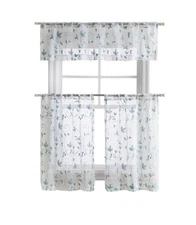 Cassandra Floral Embroidered Semi Sheer Kitchen Curtain Tier & Valance Set - ...
