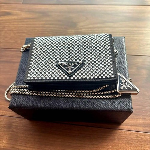 Prada Card Case with Crystal Strap Black Silk Luxury Wallet