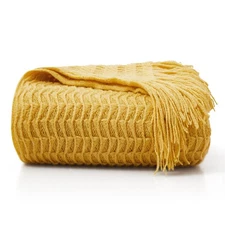 Knitted Throw Blanket 50x60 Inch Yellow Shell Motif Acrylic Soft Lightweight Bed