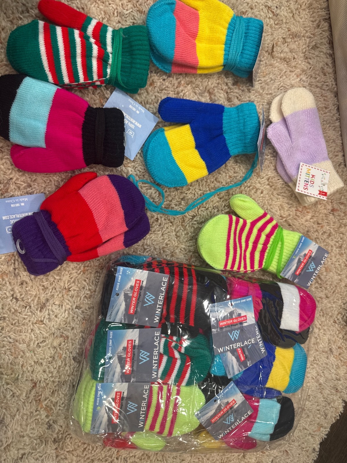 kids mittens, multicolored, warm with string