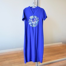 Blue Flora Embroidered V Neck Dress