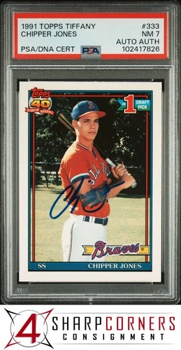 1991 TOPPS TIFFANY #333 CHIPPER JONES RC HOF PSA 7 DNA AUTO AUTHENTIC