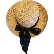 Helen Kaminski Corsica Hat 100 raffia sun hat straw with black bow Very Clean