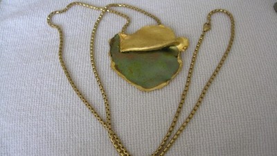 Vintage Artisan Made Modernist Pendant/ Pin On Gold Long Chain 32'' /62gr