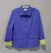 Coldwater Creek Jacket Women Size 16 Royal Blue Green Contrast Brocade Jacquard