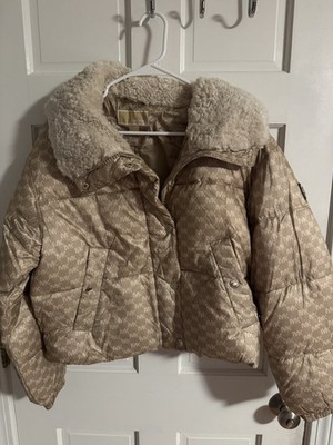 Michael Kors collared MK logo print insulated puffer jacket champagne NWT S $260