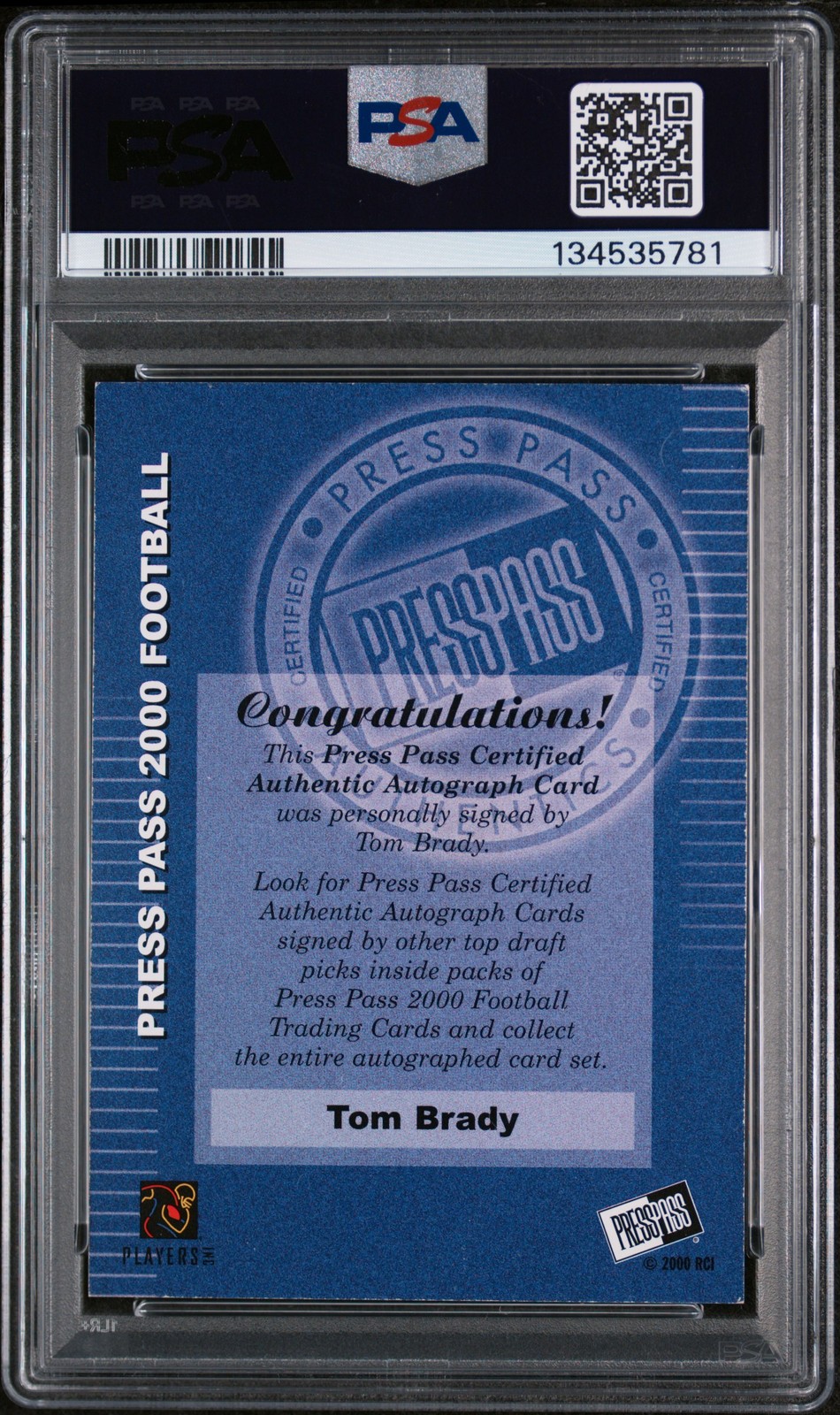 2000 PRESS PASS AUTO TOM BRADY PSA 5 AUTO 7 view 2