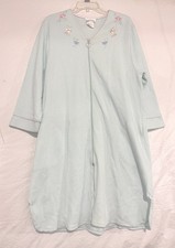 Vtg I. Appel Cotton Lt Blue Nightgown Robe Housecoat Floral Satin Trim Zip Up