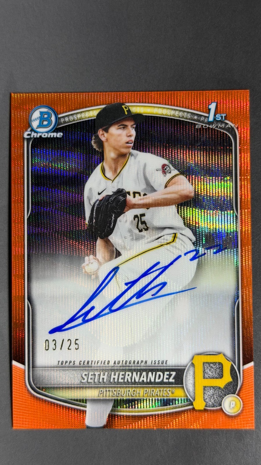 2025 Bowman Draft Seth Hernandez 1st Bowman Chrome Orange Wave Auto 3/25 #CPA-SH