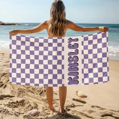 Personalized Name Grid Beach Towel, Oversized Custom Monogram Pool Towel, Signa