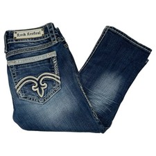 Rock Revival Alanis Capri Women's Distressed Med Wash Thick Stitch Denim Size 27