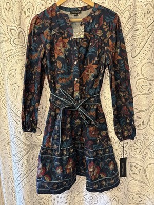 Rachel Zoe NWT Size M Navy Print Women Belted Shirt Classic Boho Cotton Dress