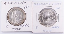 Lot of 2 Germany 1967-F Proof 1968-D UNC 5 Mark ASW .2250 each 