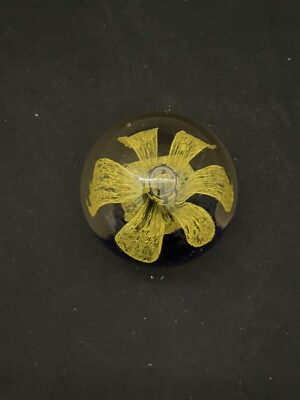 Vintage Glass Paperweight Yellow Lily Flower Controlled Bubbles Base