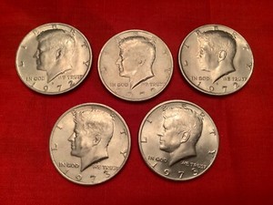 Lot of 5,  3- 1972 Kennedy half dollars and 2-1973 Kennedy half dollars.