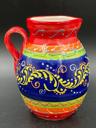 Colorful Del Rio Salado Ceramic Pitcher Made in Spain 3D Hand Painted 7.25"