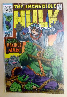 THE INCREDIBLE HULK # 119 COMIC AT THE MERCY OF MAXIMUS THE MAD 1969 RARE MARVEL