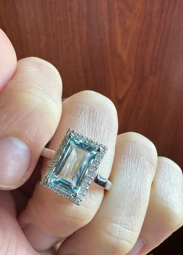 3.20Ct Emerald Lab-Created Aquamarine Halo Engagement Ring 14K White Gold Plated - Picture 2 of 8