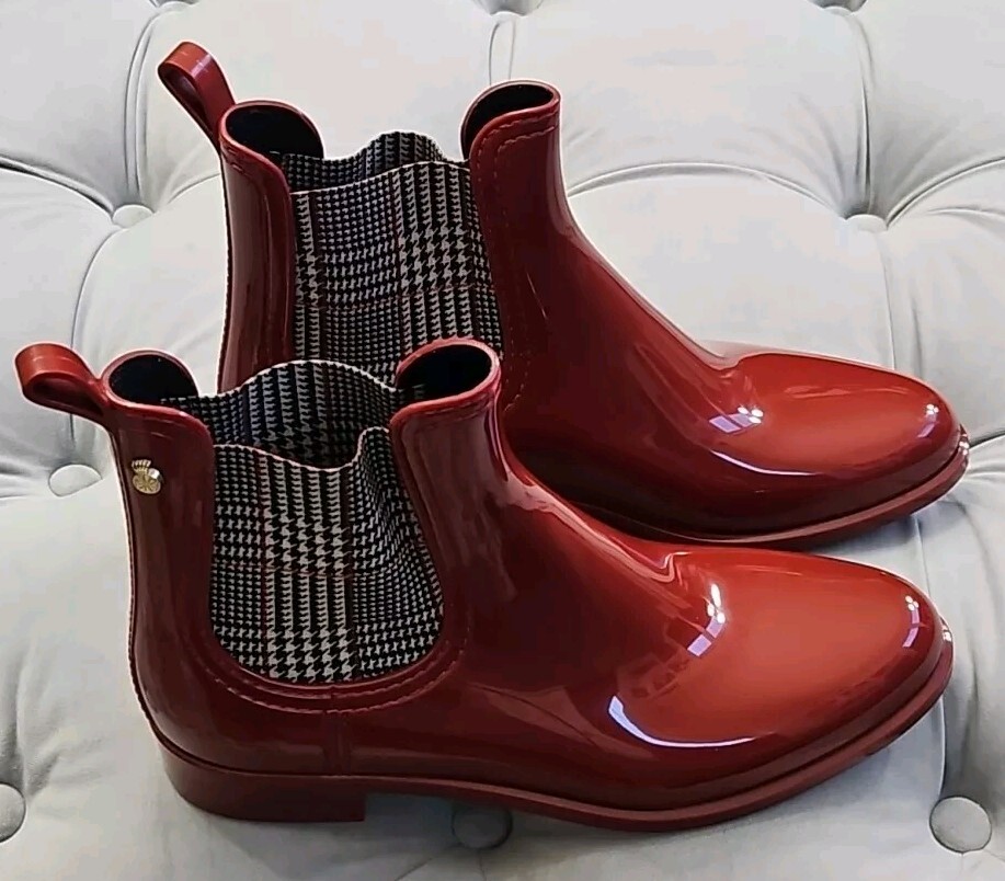 Lemon Jelly Chelsea Rain Boots Red Hounds Tooth Womens Shoes 40 $150 New