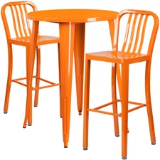 30'' Round Orange Metal Indoor-Outdoor Restaurant Bar Table Set w/ 2  Barstools