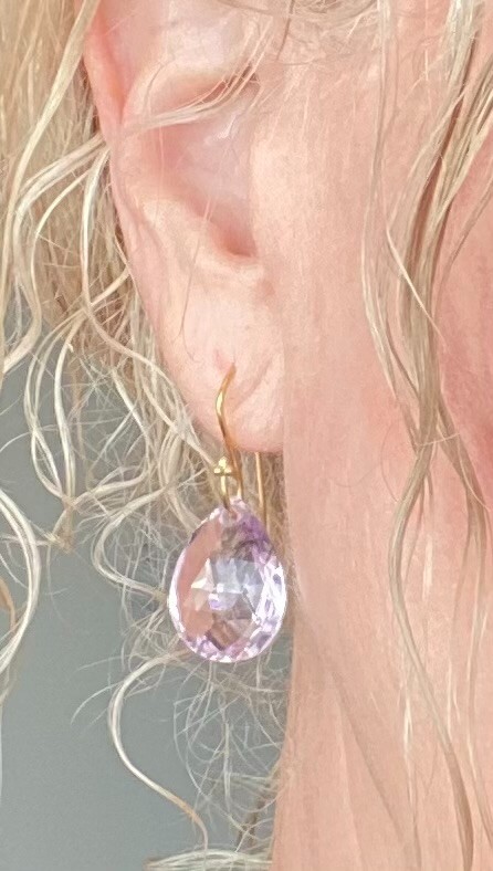 18K Pink Amethyst Pear Cut Dangle Earrings ~ Rare Rose de France ~  AAA Quality