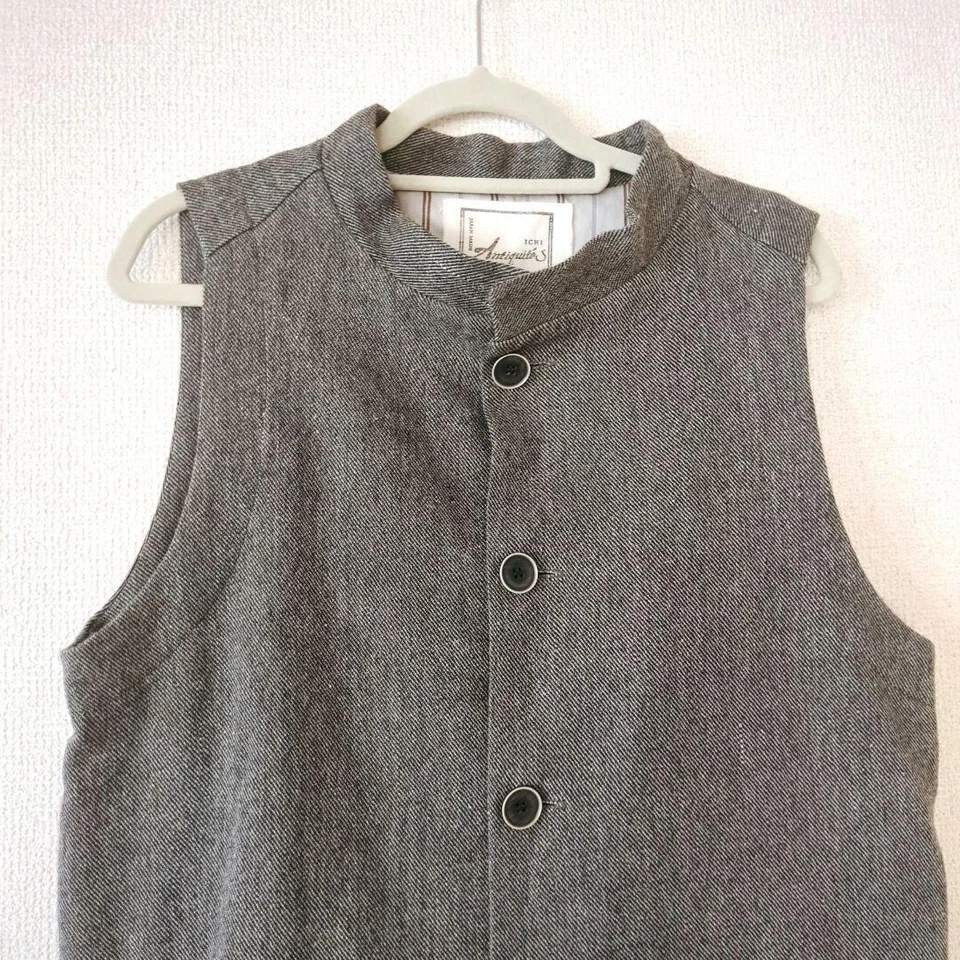 ICHI Antiquites Linen Wool Herringbone Vest Band Collar Gray Used - Image 3 of 4