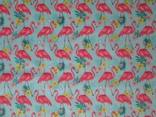 FLAMINGOS BIRDS FLAMINGO FLOWERS FRONDS AQUA COTTON FABRIC FQ