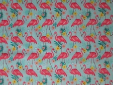 FLAMINGOS BIRDS FLAMINGO FLOWERS FRONDS AQUA COTTON FABRIC BTHY