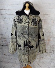 Vintage Faux Fleece Hooded Coat Scandinavian Nordic Deer Snowflake Toggles L 16