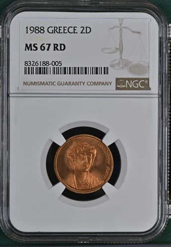 1988 GREECE2 DRACHMES NGC MS-67 RD - Tied Finest Known None Higher